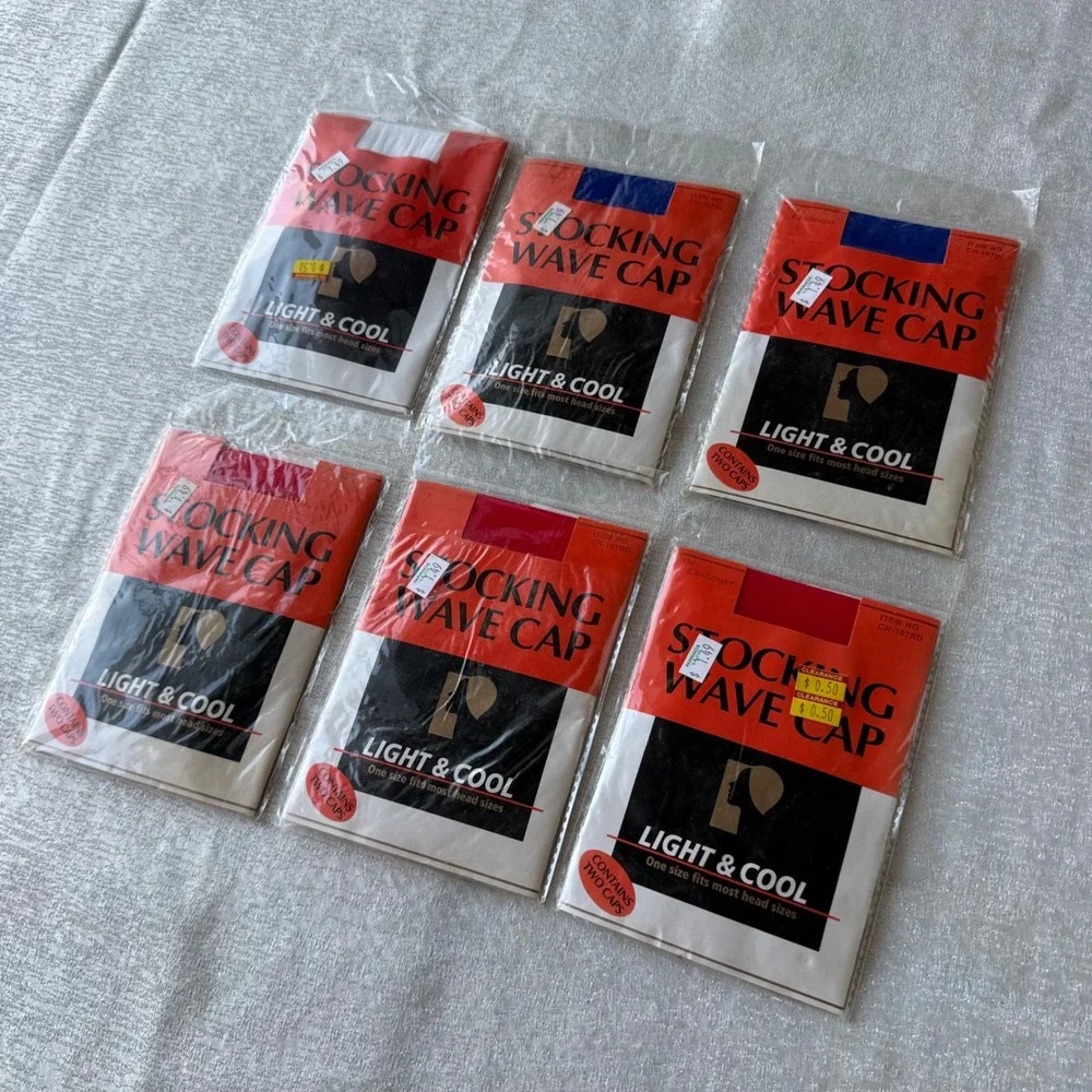 6pk The Challenger Stocking Wave Caps 12pc Red Blue White Nylon Hair Unisex